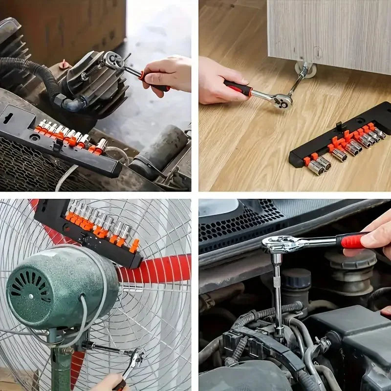 Juego de llaves de vaso, carraca y accesorios